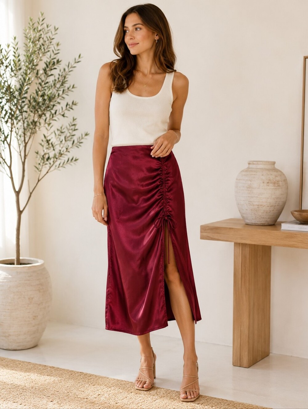 Bohme Satin Ruched Midi Skirt Burgundy Side Tie Slit Size S